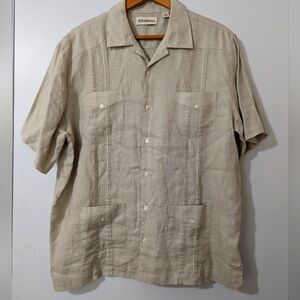Caribbean Mens L Shirt 100% Linen Tan Travel Short Sleeves